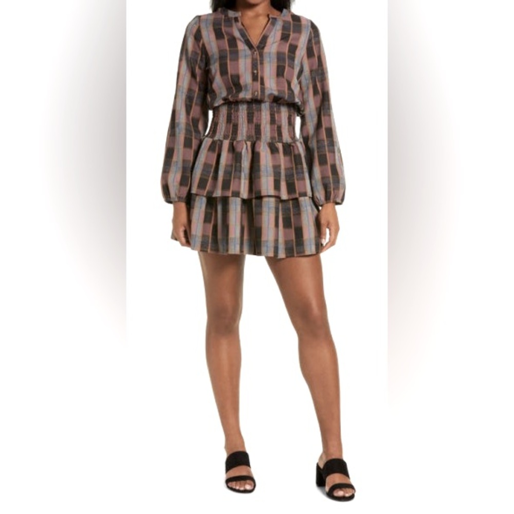 BTFL-life Metallic Thread Plaid Dress Long Sleeve Large